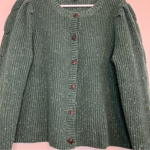 Talbots Button Up Cardigan Green Ruffle Sleeve Cable Knit Sz XL Country grandma - Picture 6 of 11